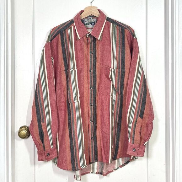 Vintage Sedan Clothing Striped Flannel Red Shirt Baggy 90s Y2K Mens Size L - Picture 1 of 8